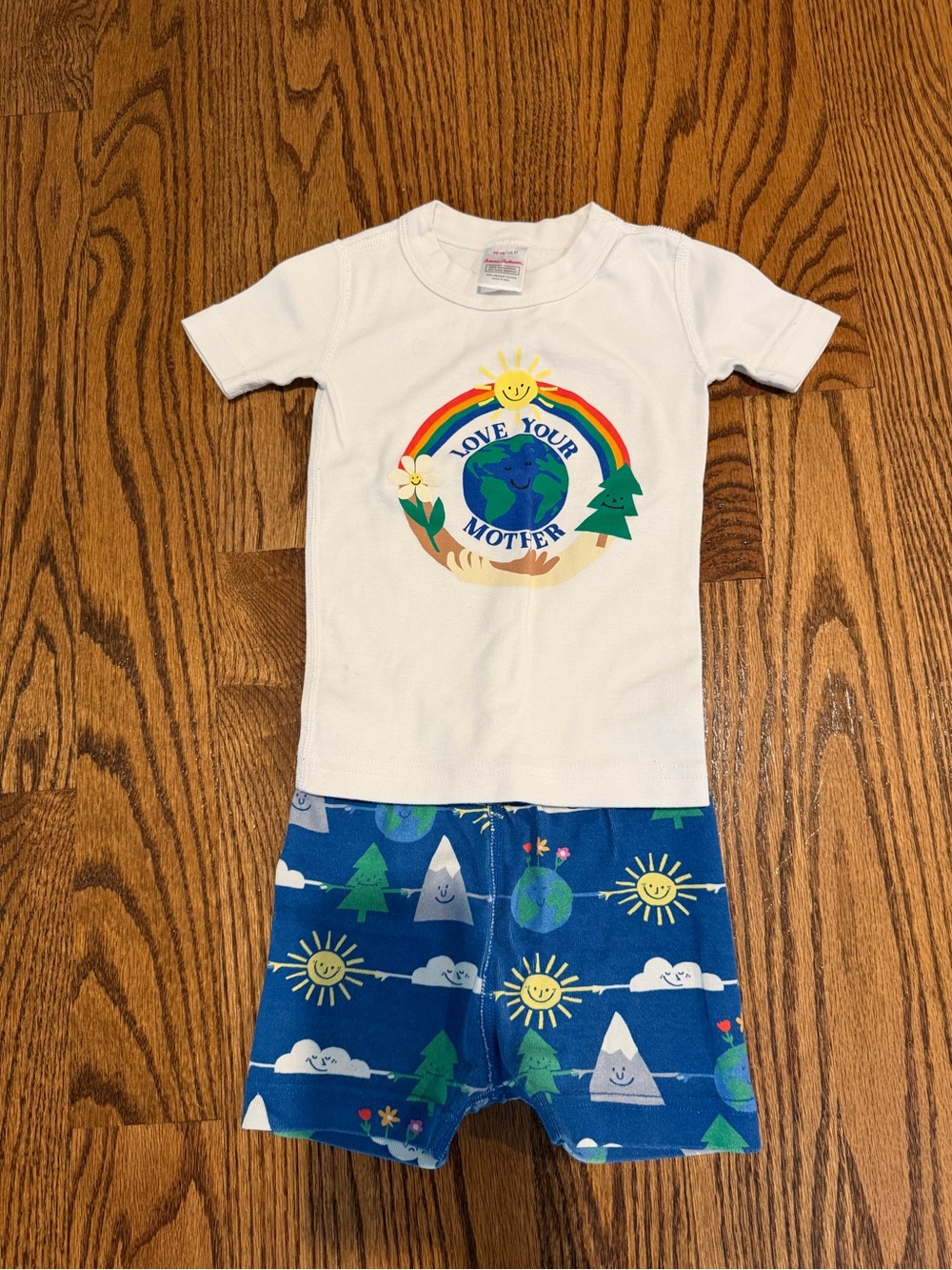 Hanna Andersson White Top and Blue Earth-Print Pajama Set